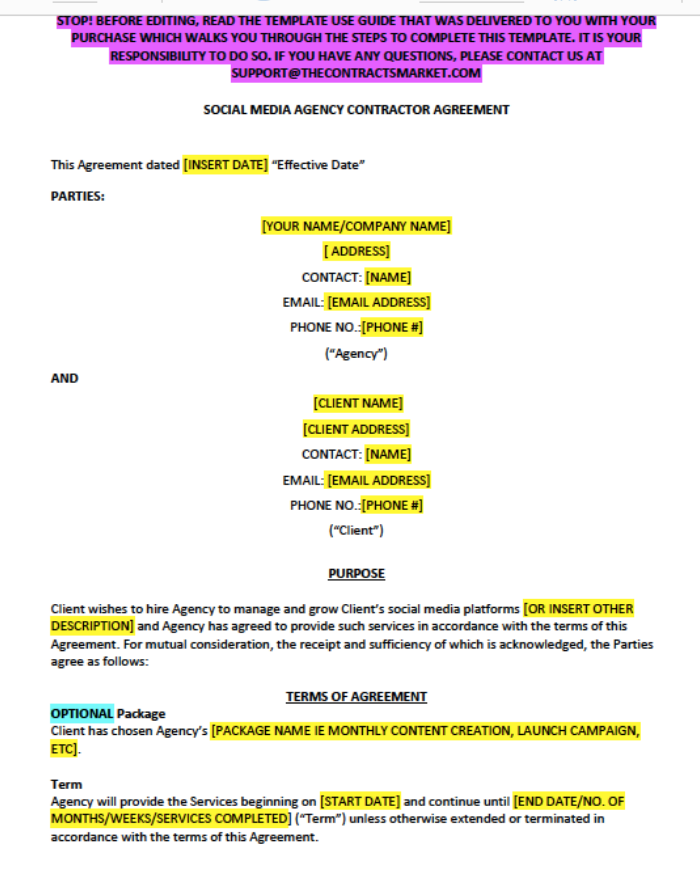 Social Media Marketing Agreement - Contracts Market