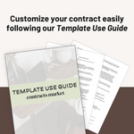 Graphic of papers on a brown background "Customize your contract easily following our Template Use Guide"