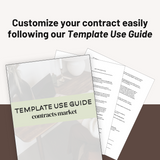 Graphic of papers on a brown background "Customize your contract easily following our Template Use Guide"