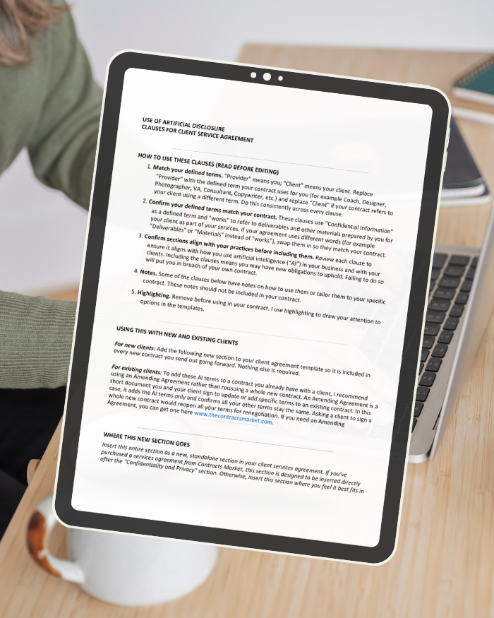 AI Disclosure Clause Template shown on a tablet, ready to insert into a client services agreement