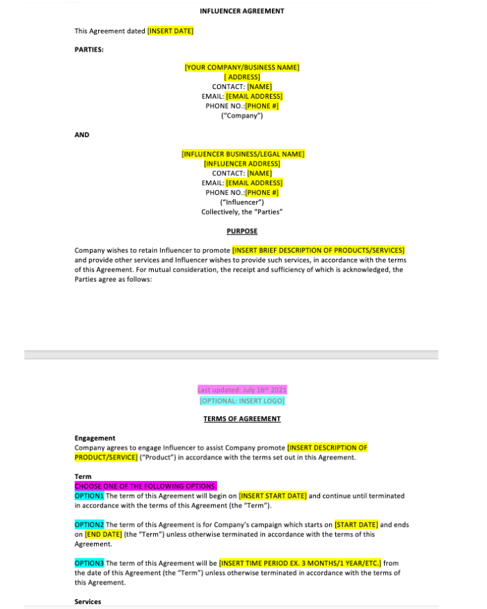 Influencer Agreement - Contracts Market