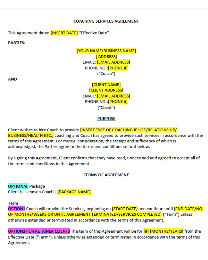 Coaching Client Contract Template - image of first page of coaching services Agreement