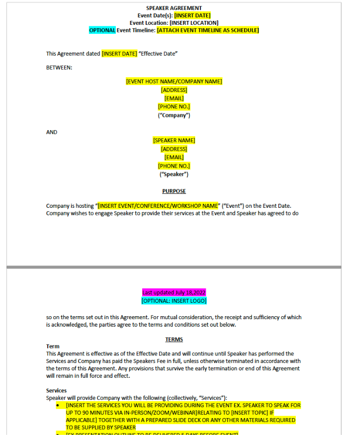 First page of Speaking Agreement Legal Contract Agreement Template for workshop event