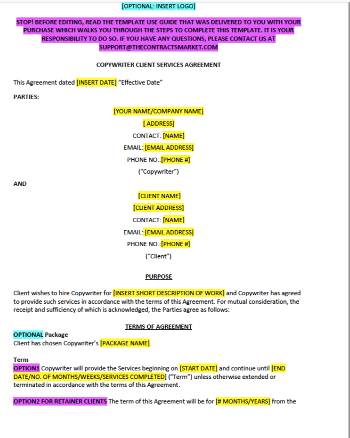 Copywriter Agreement - Contracts Market