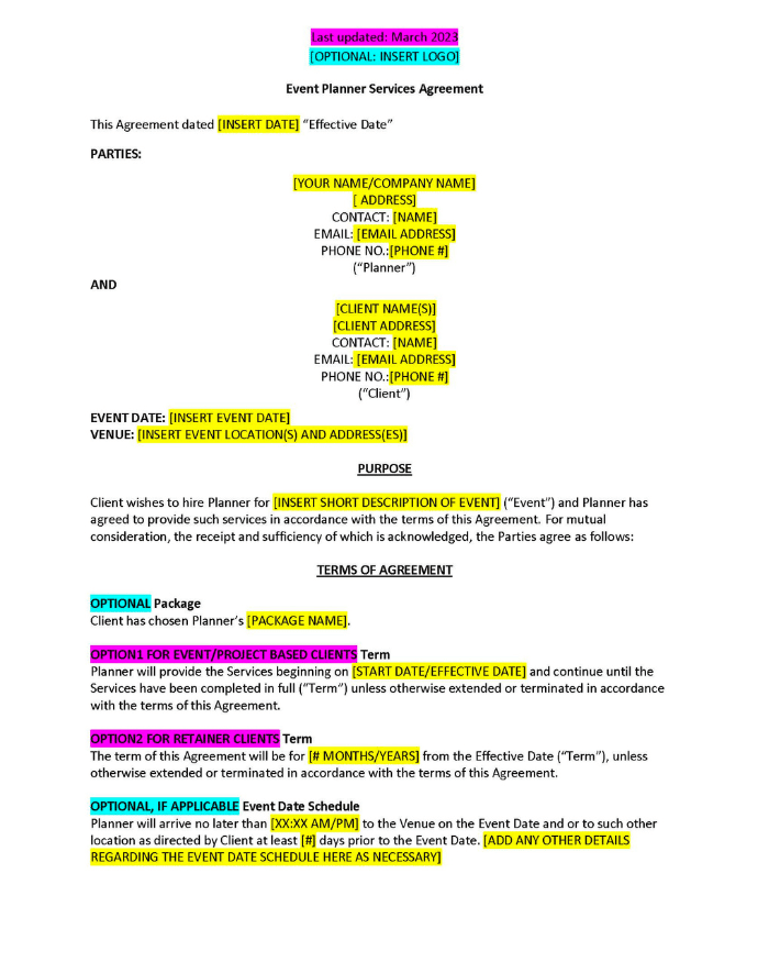 Event Center Contract Event Planner Agreement Template | Event Coordinator Agreement ...