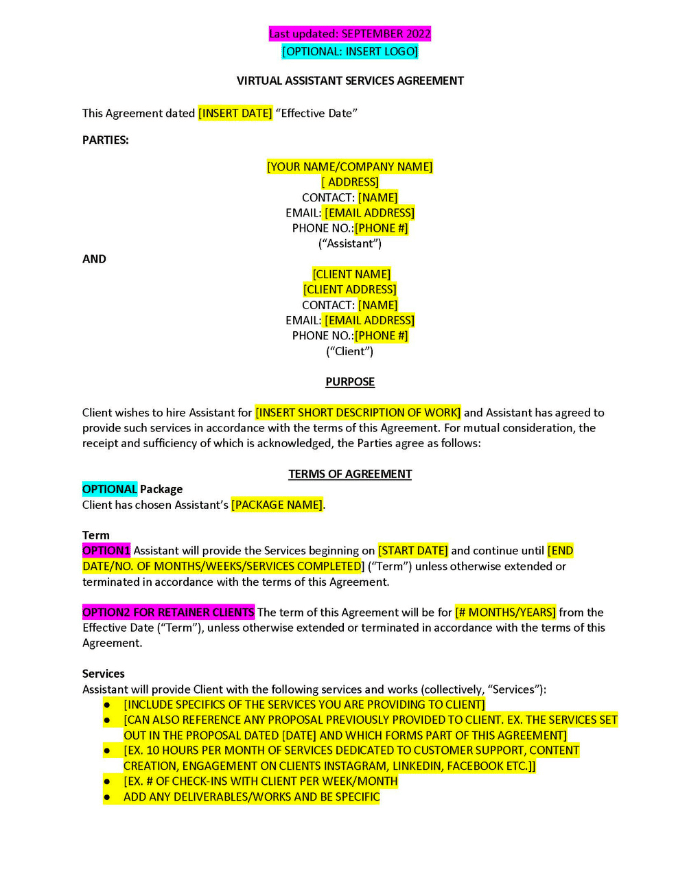 Example Virtual Assistant Contract Template Virtual Assistant Contract Templates | VA Services Agreement ...
