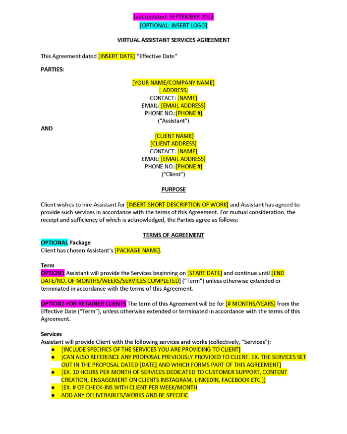 Virtual Assistant Agreement - Contracts Market